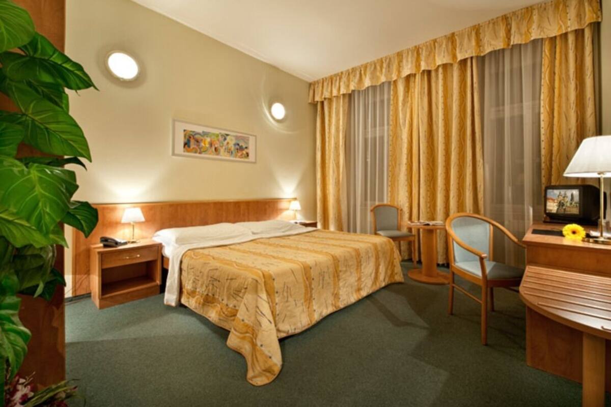 Habitación de hotel con cama, escritorio, silla, mesita de noche, lámpara, un cuadro en la pared y una planta en maceta.