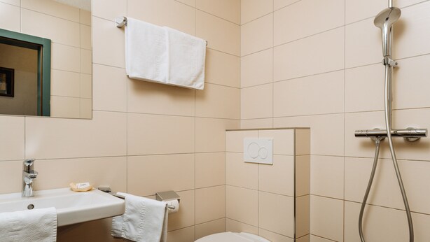 A bathroom with a sink, toilet, and shower. - Hotel Kögele (Axams)