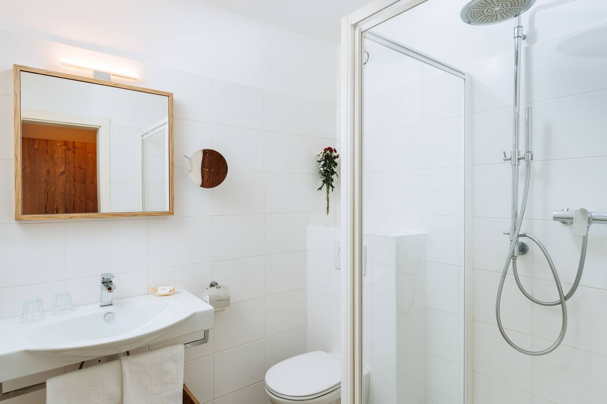 shower, rainfall showerhead, free toiletries, hair dryer