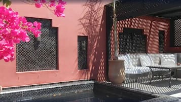 Outdoor pool, pool umbrellas, pool loungers