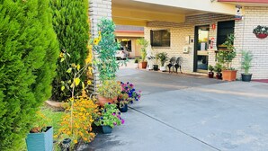 A hotel entrance with a brick facade, potted plants, and outdoor seating.