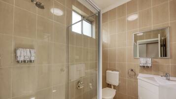 Une salle de bain moderne avec une douche à parois de verre, des toilettes, un lavabo et un miroir.