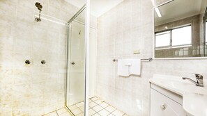 Shower, free toiletries, hair dryer, towels