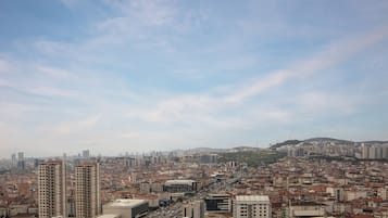 Un paisaje urbano con edificios altos, una combinación de estructuras residenciales y comerciales, y un fondo montañoso.