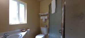 A bathroom with a window, a sink, a toilet, and a shower.