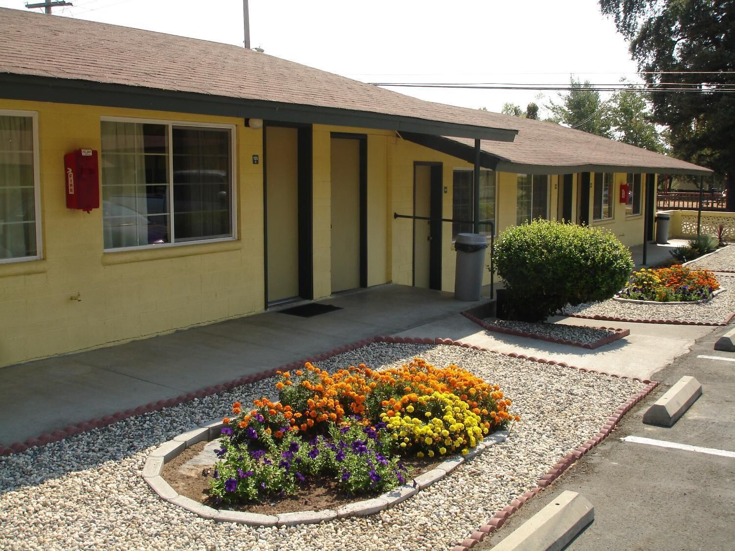 A motel with a yellow exterior, a covered parking area, and flower beds with various colors.