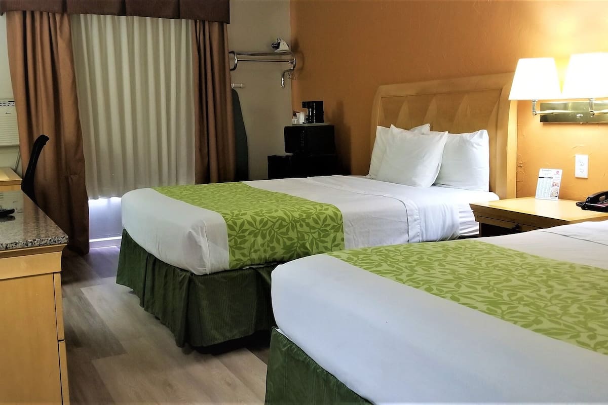A hotel room with two beds, a desk, a mirror, a television, and a lamp.