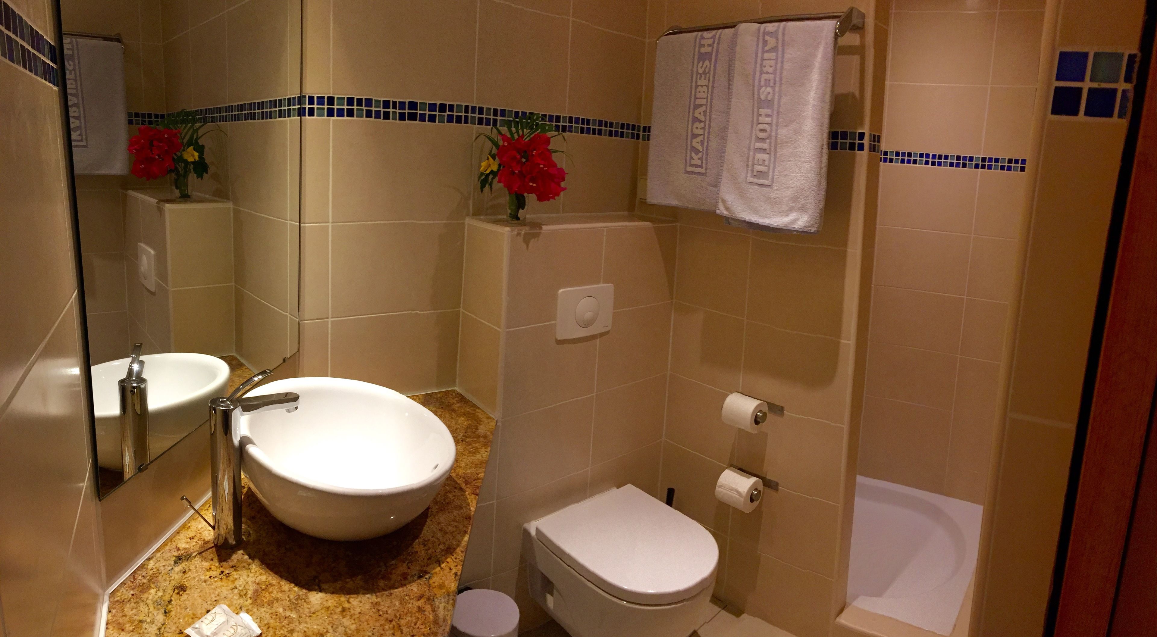 A bathroom with a sink, toilet, and bathtub. There are towels hanging on the wall and a flower vase on the counter.