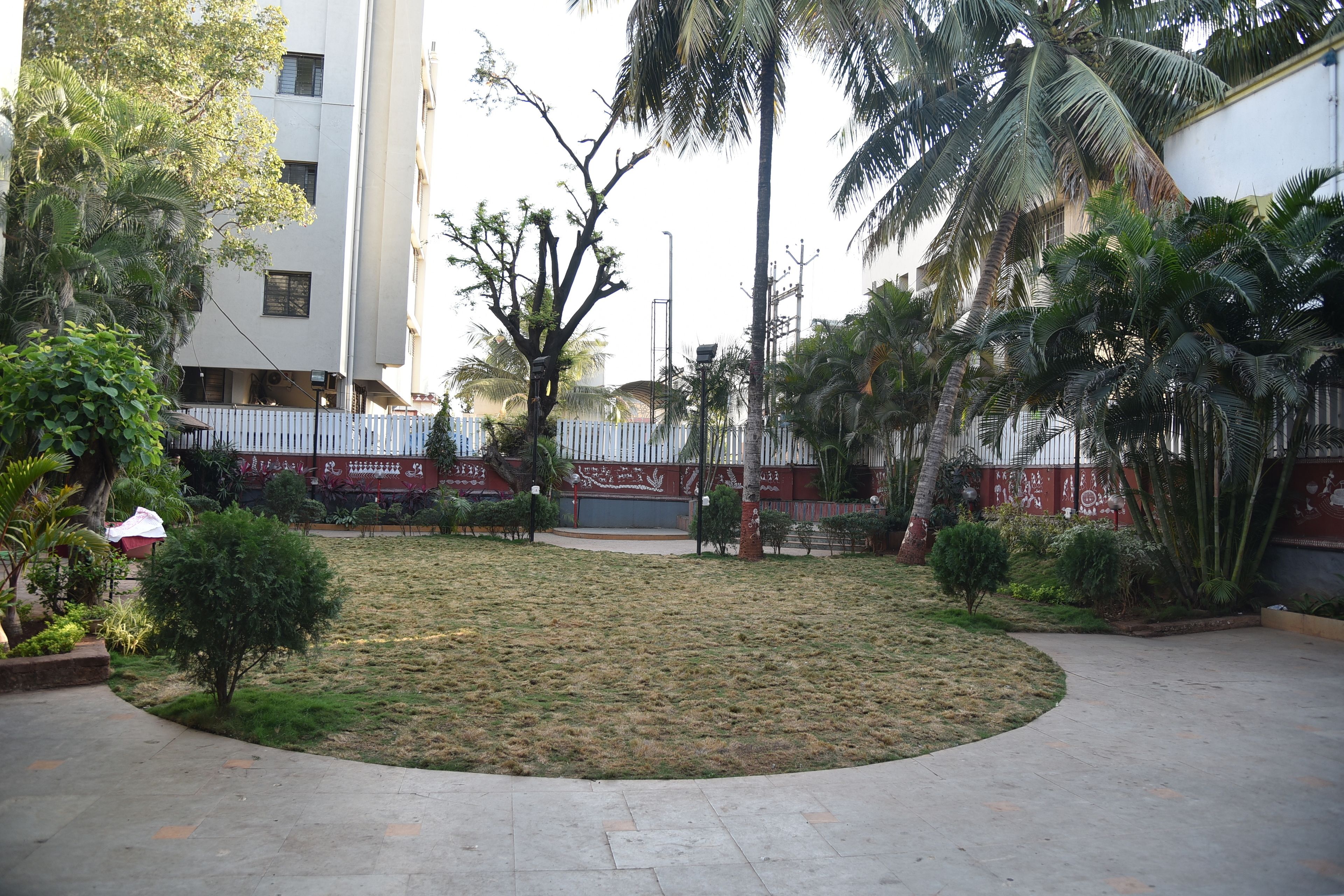 A courtyard with a grassy area, palm trees, and a white fence.