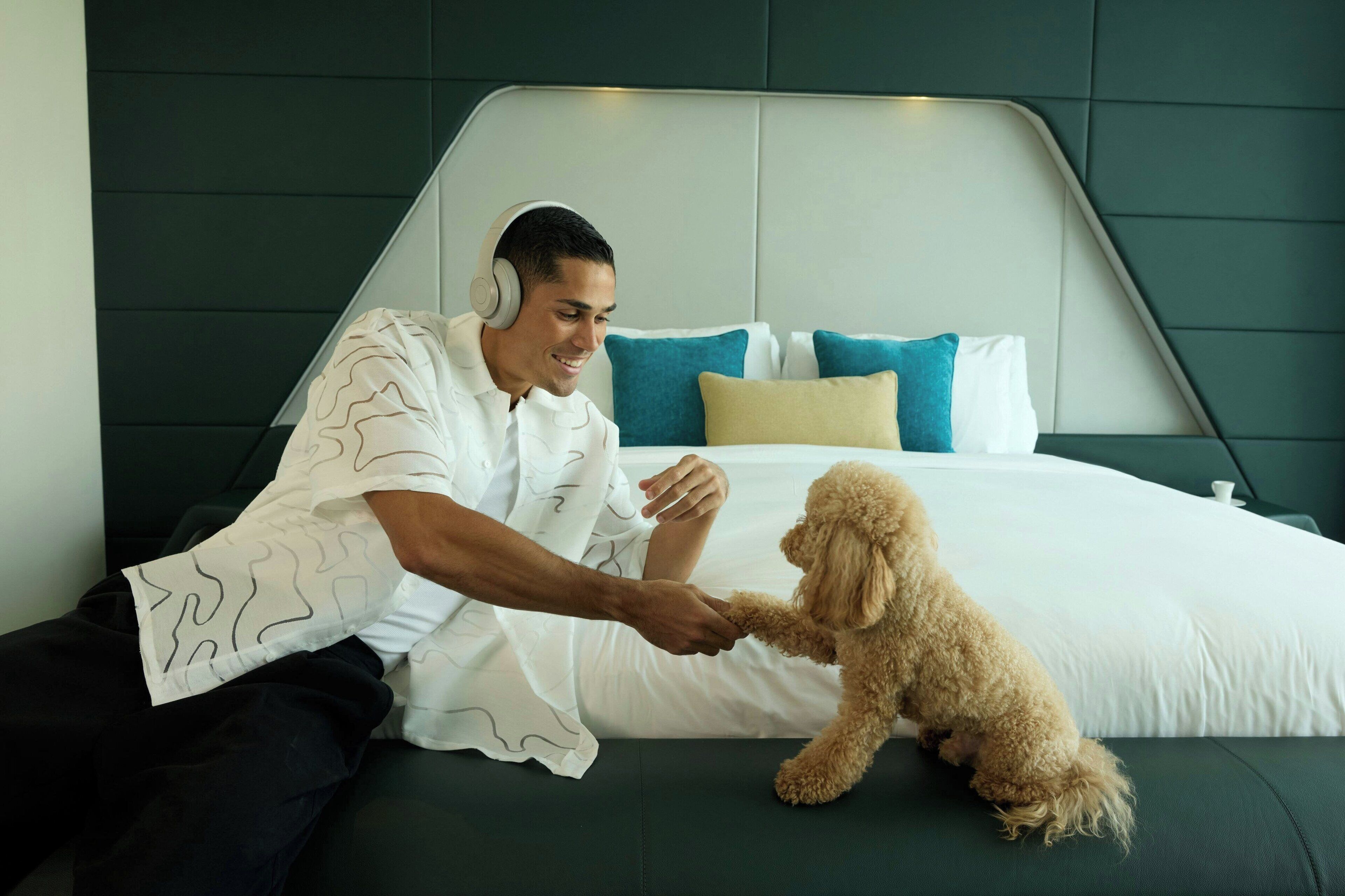 Une personne assise sur un lit, avec un chien, dans une pièce au design moderne et dotée d’une grande tête de lit.