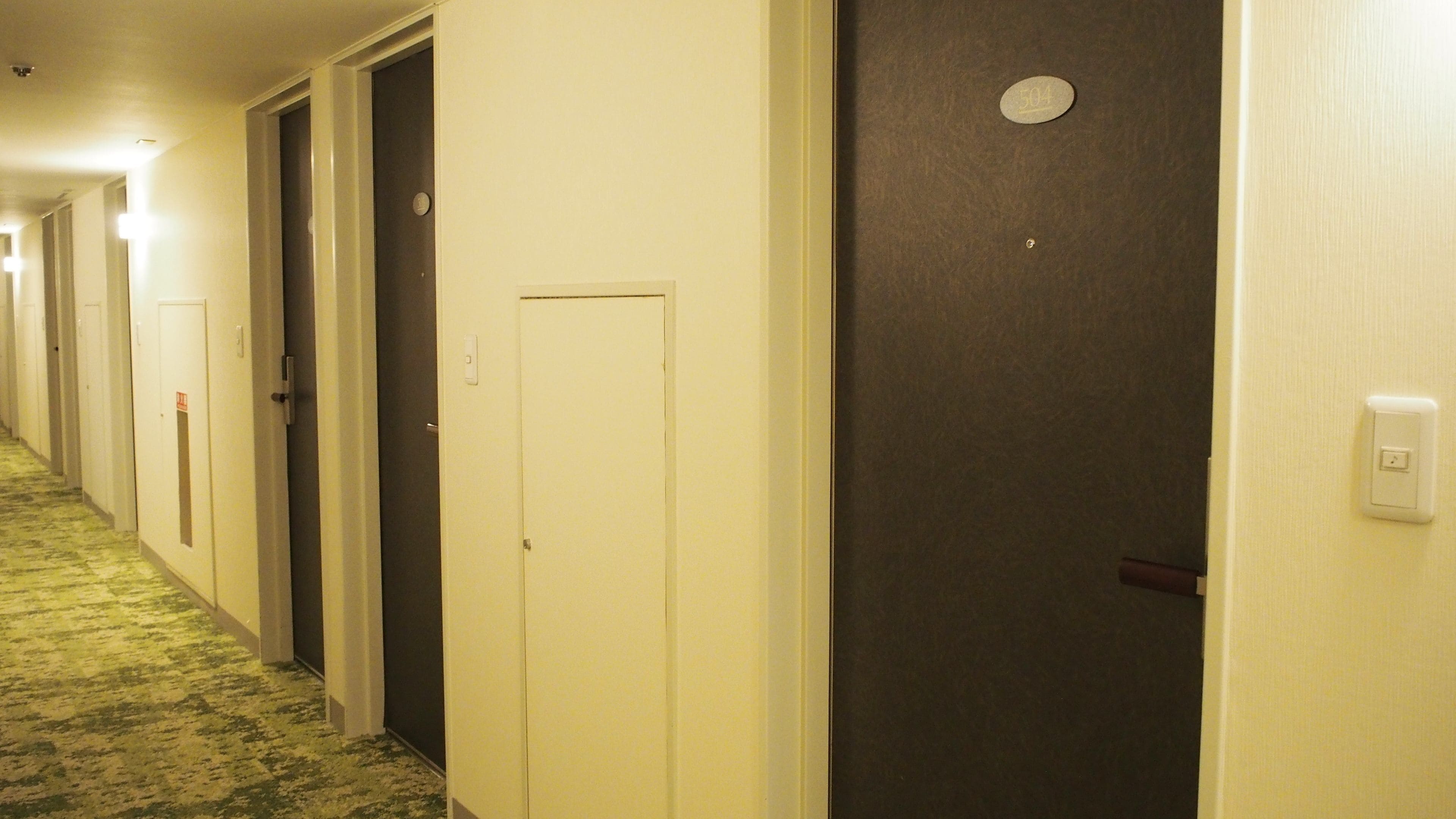 A hotel hallway with multiple doors, some with visible door numbers, and a carpeted floor.