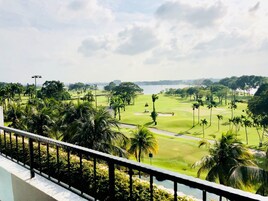 Un campo de golf con palmeras y un cuerpo de agua al fondo.