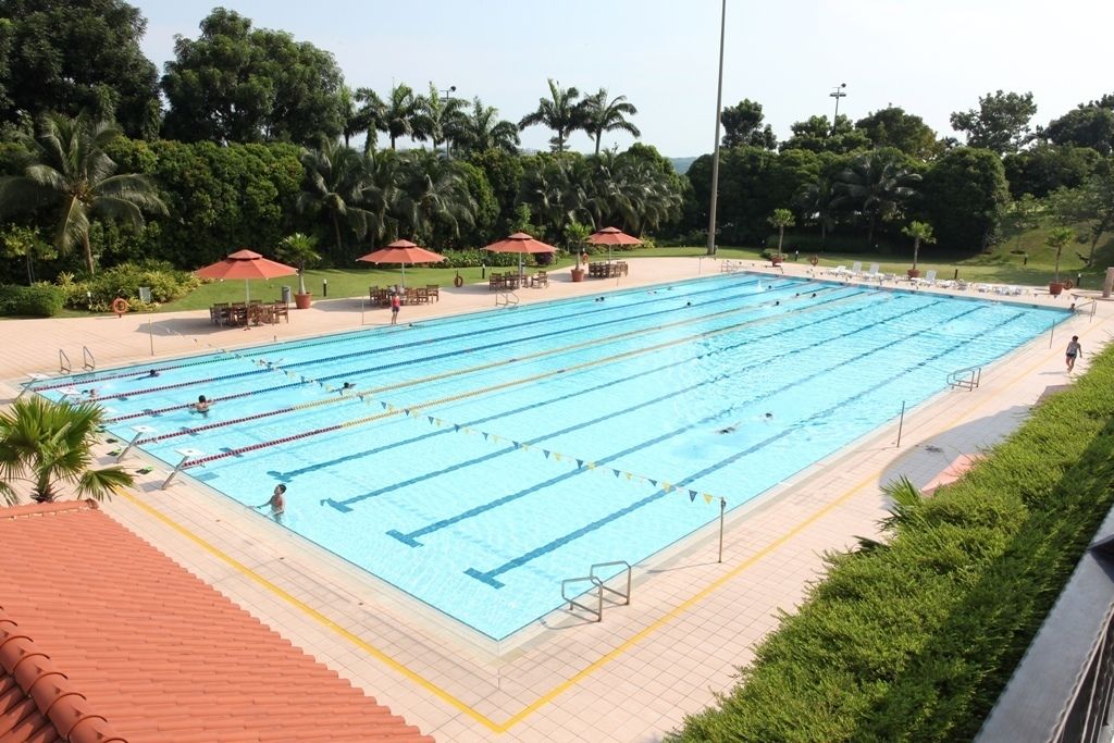 A large outdoor swimming pool with multiple lanes, surrounded by palm trees and shaded by red umbrellas.