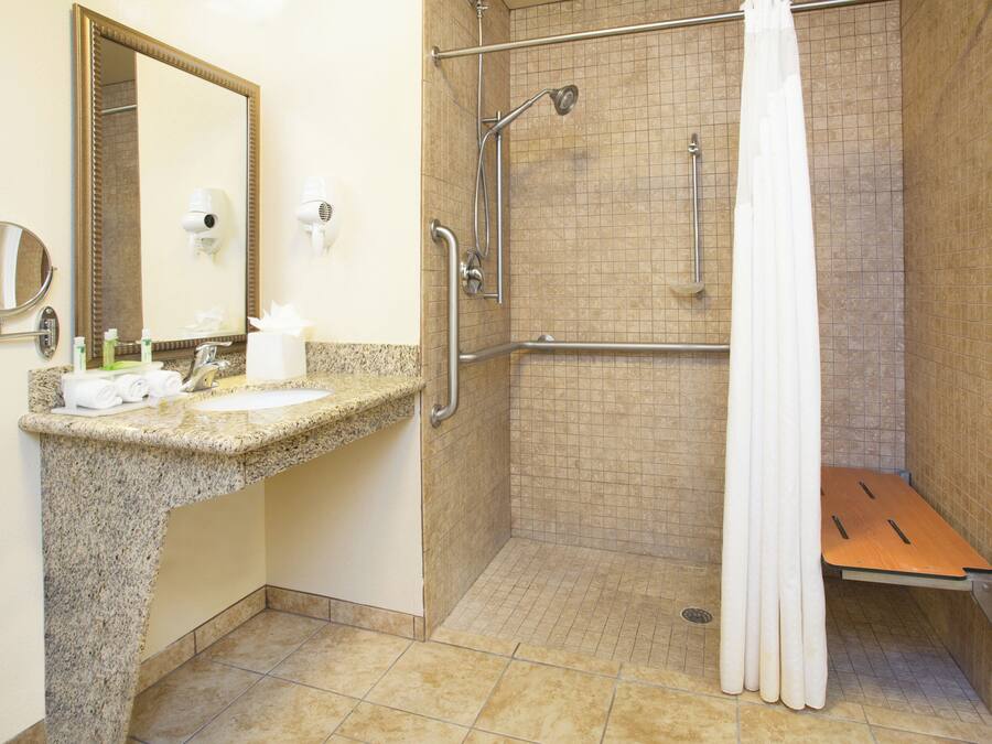 Baño con encimera de granito, lavabo, espejo, cabezal de ducha manual, cortina de ducha y barra de apoyo.