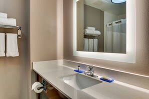 Un baño con lavamanos, espejo, toallero y dispensador de papel higiénico.
