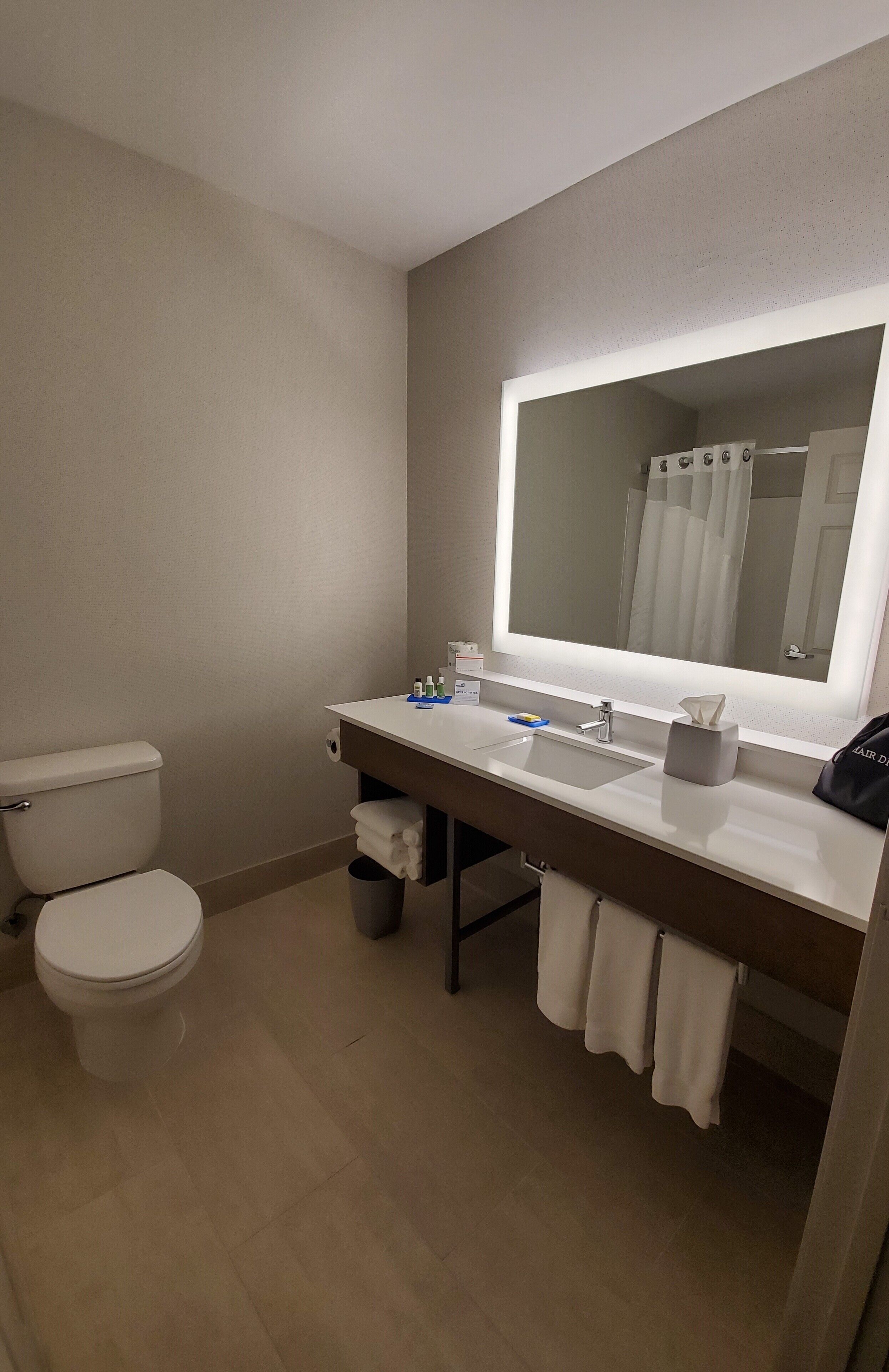 combined shower/bathtub, free toiletries, hair dryer, towels