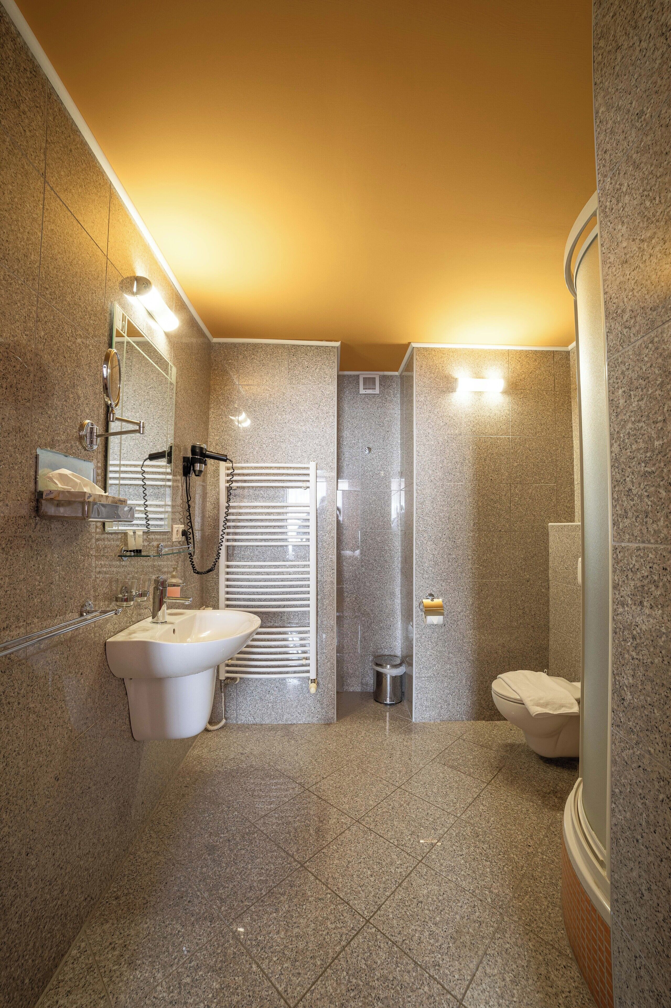 shower, free toiletries, hair dryer, towels