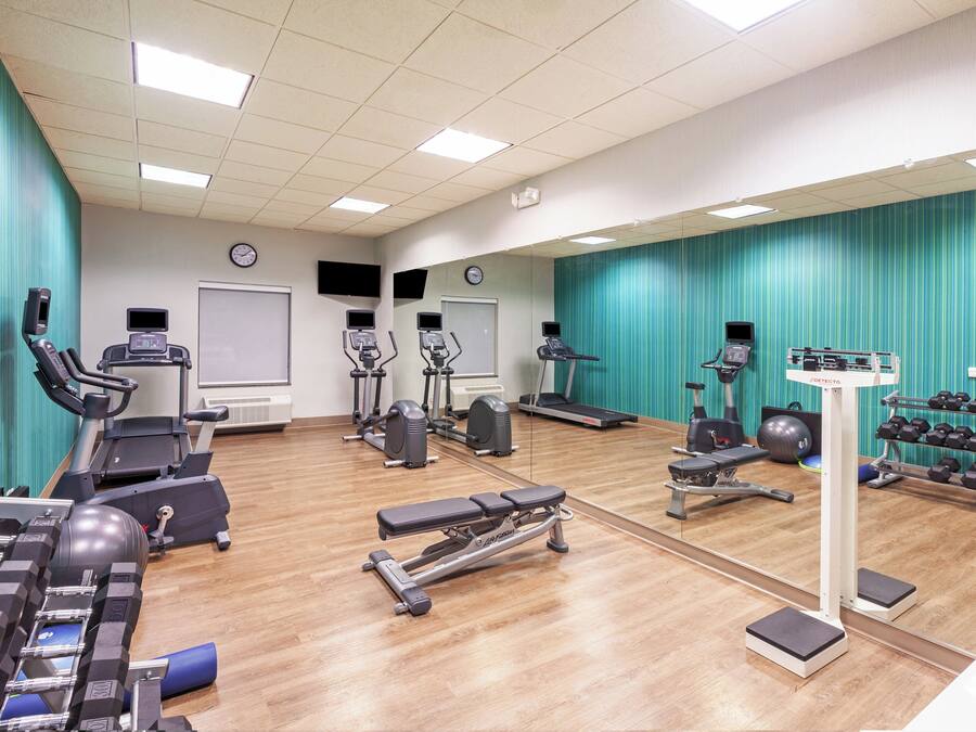 Un gimnasio con diversos equipos de ejercicio, incluyendo cintas de correr, bicicletas estáticas y mancuernas.