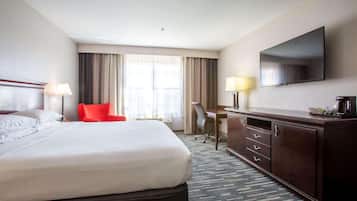 A hotel room with a large bed, a desk, a chair, a TV mounted on the wall, and a minibar.