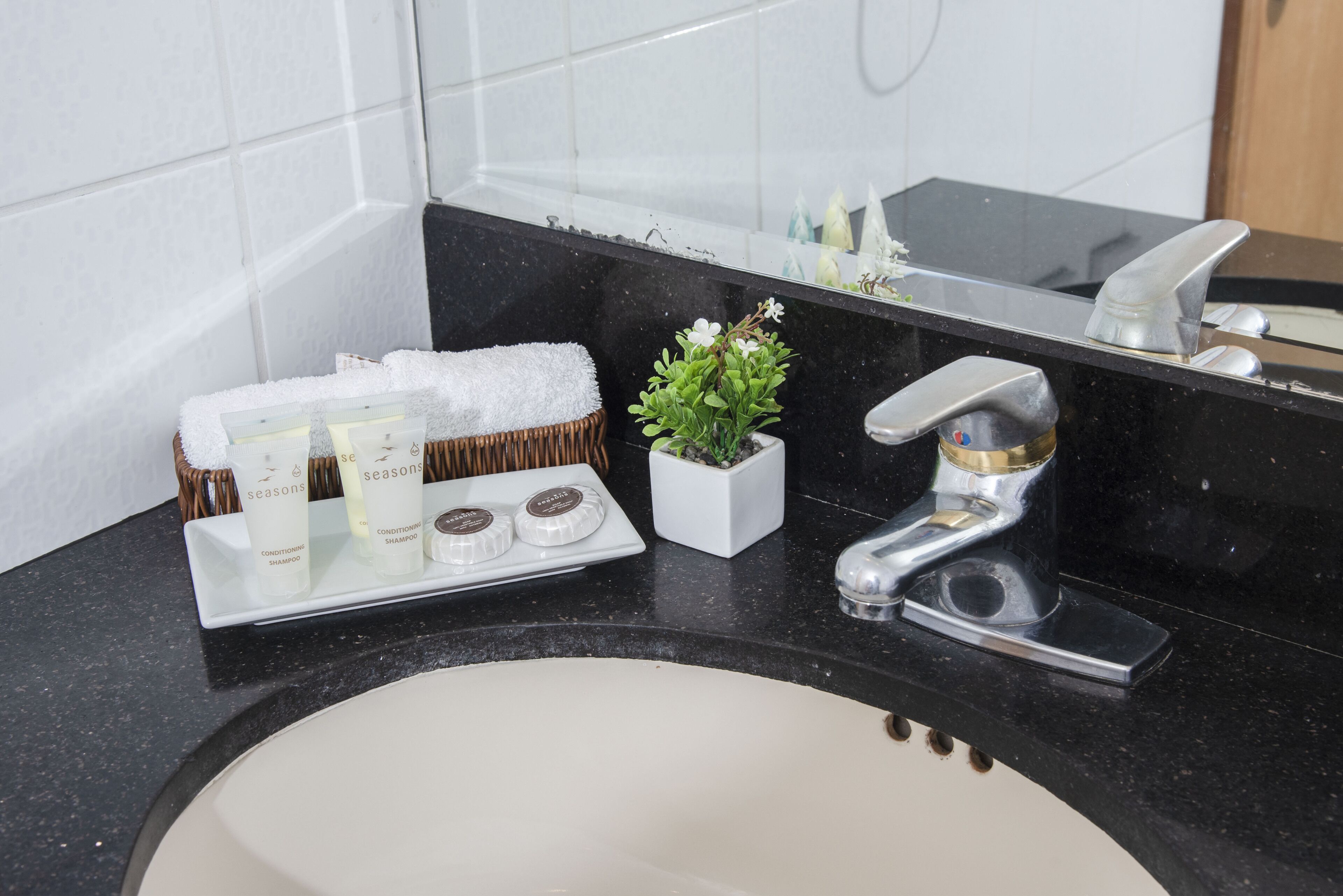 A bathroom with a black countertop, a white sink, a silver faucet, and a small potted plant.