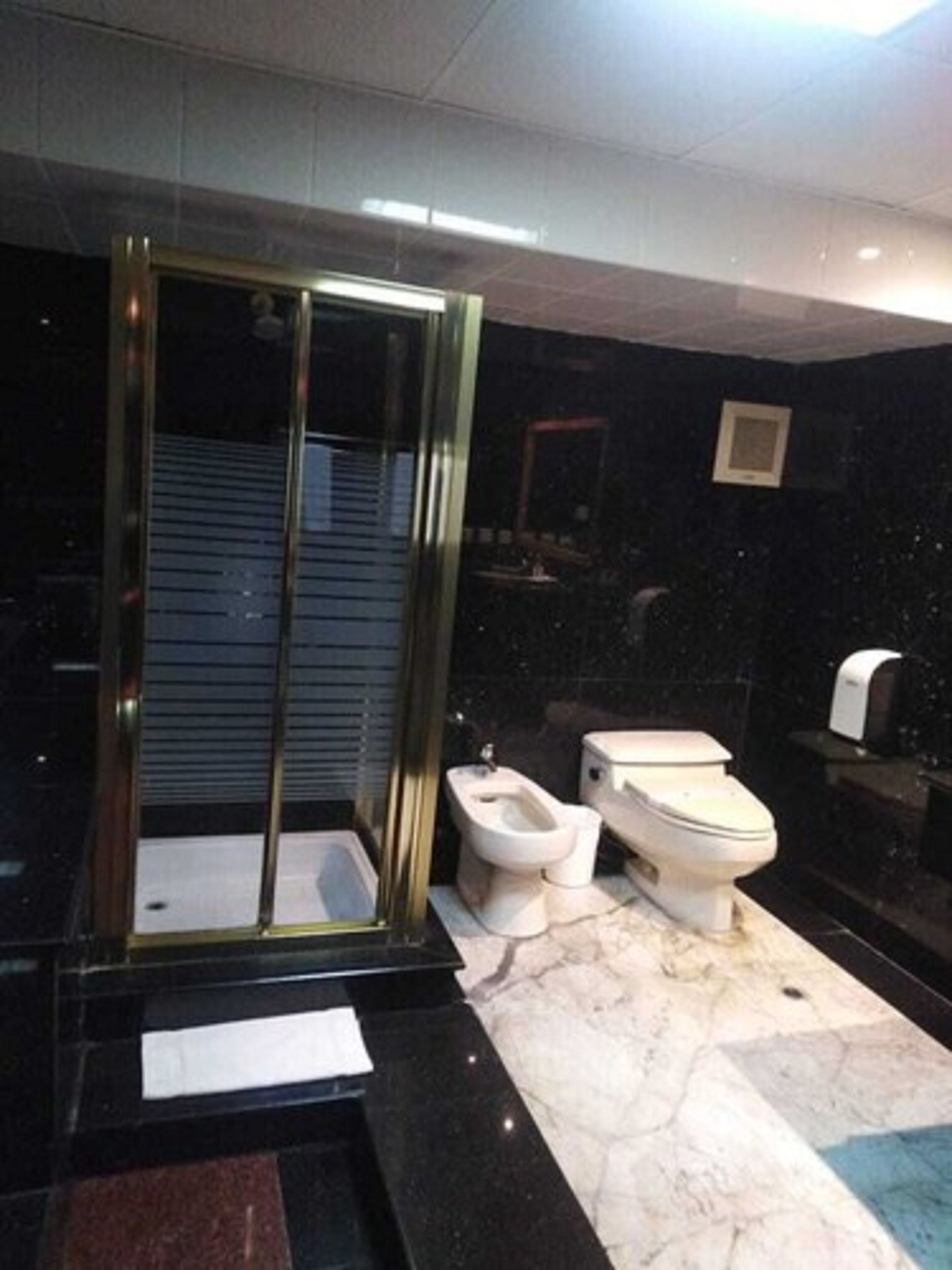 A modern bathroom with a glass-enclosed shower, two toilets, and a marble floor.