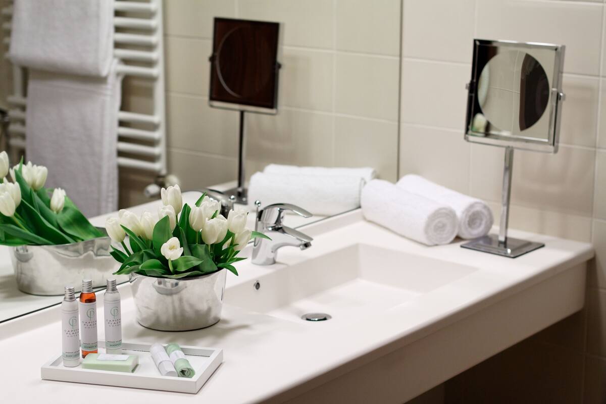 Ein Badezimmer mit einem weißen Waschbecken, zwei Spiegeln, einem Handtuchhalter und einer Vase mit weißen Blumen.