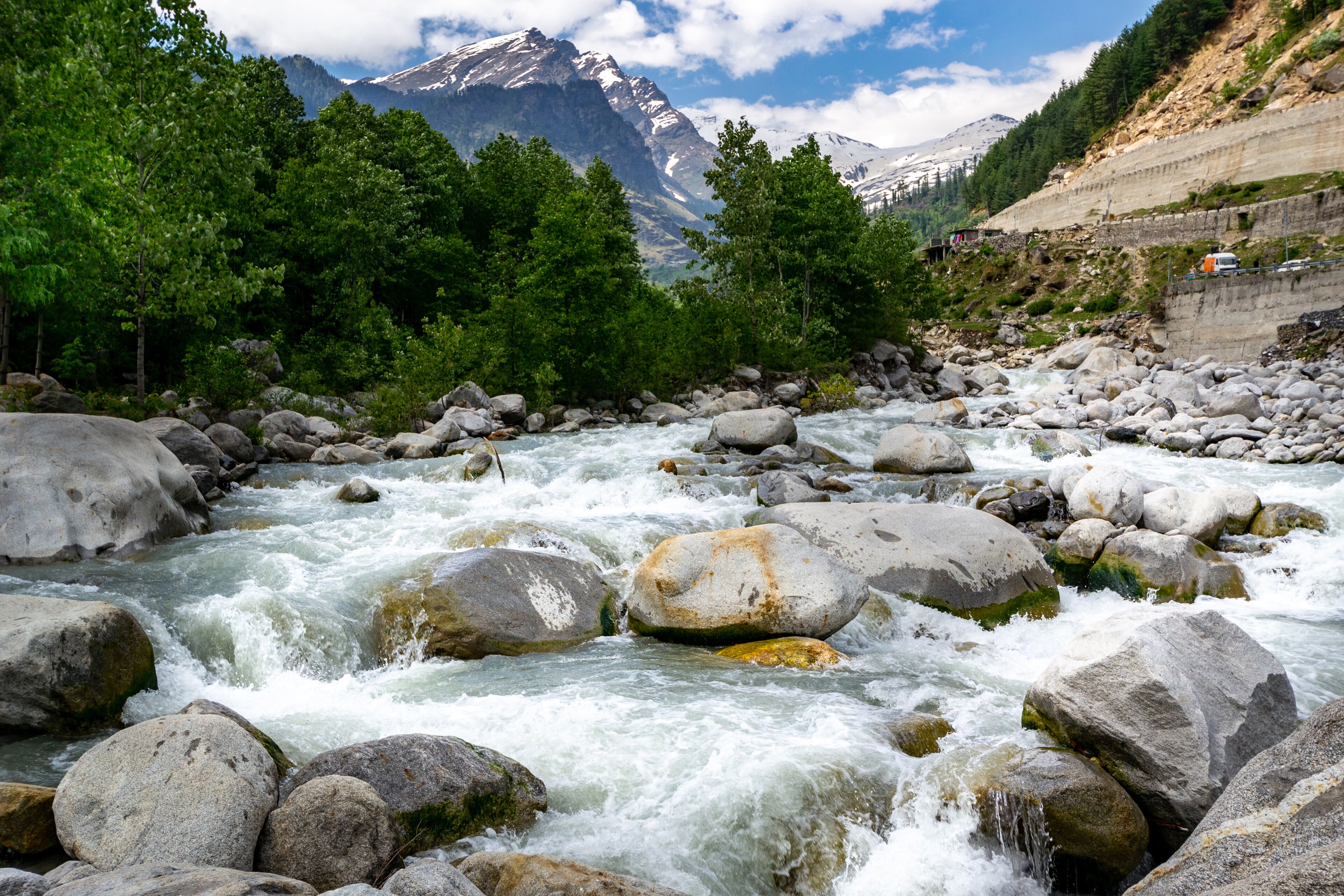 A river with large rocks, surrounded by trees and mountains in the background.