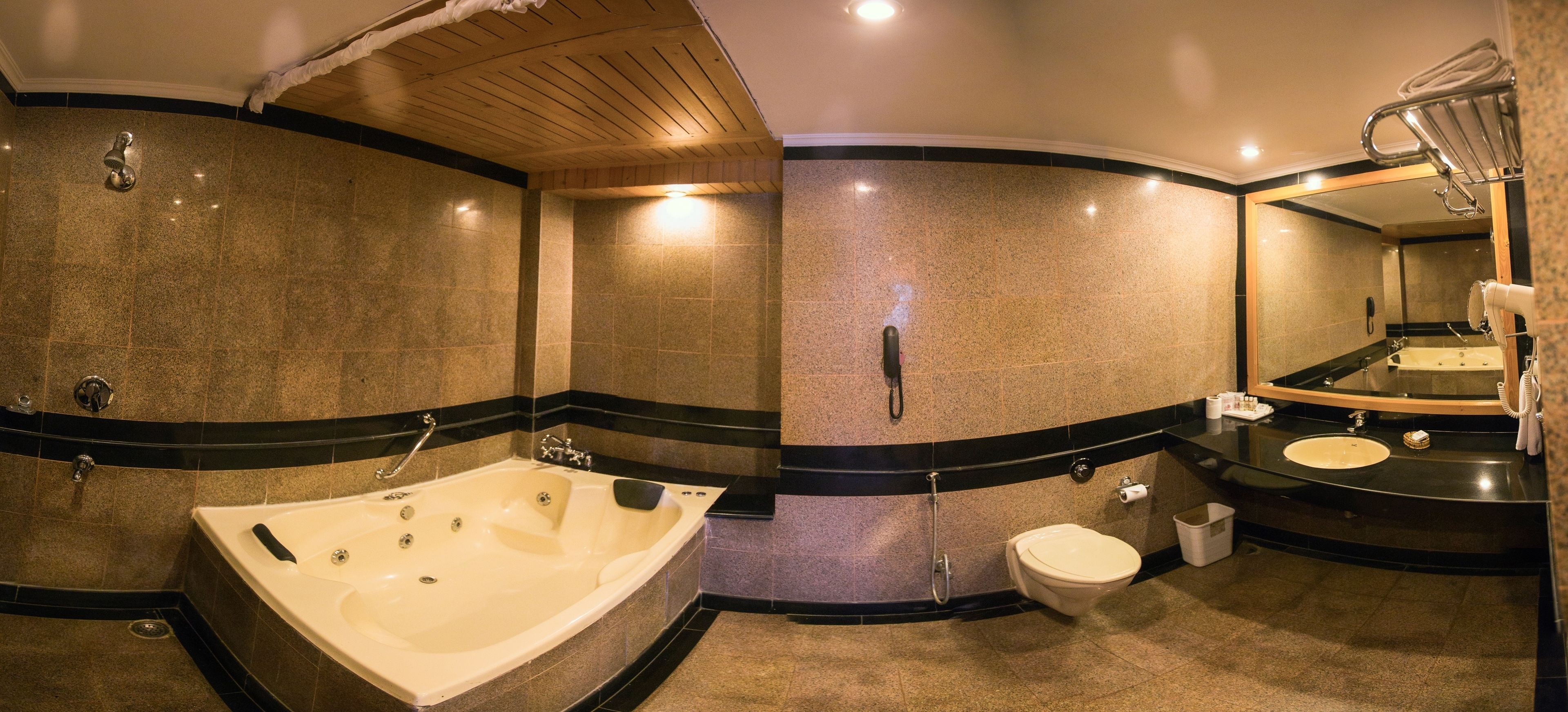 A modern bathroom with a large bathtub, a separate toilet, and a vanity with a mirror.