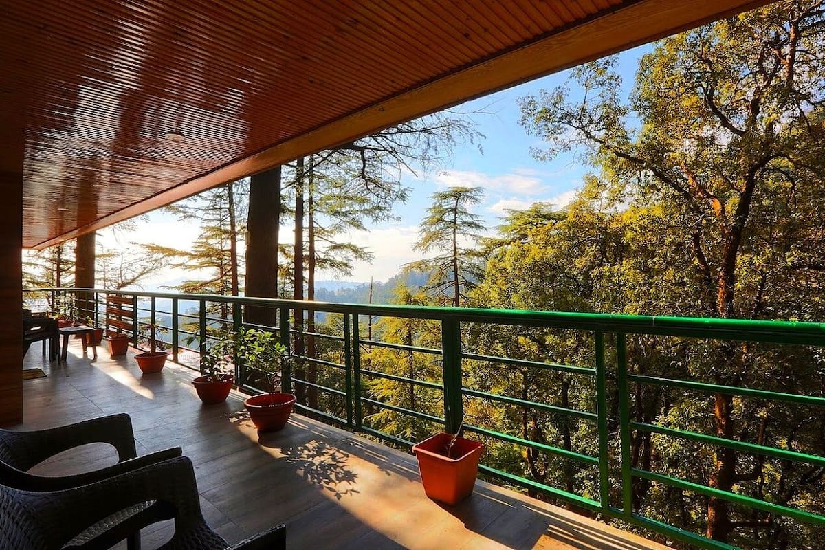 A wooden deck with outdoor seating and potted plants, overlooking a forested area.