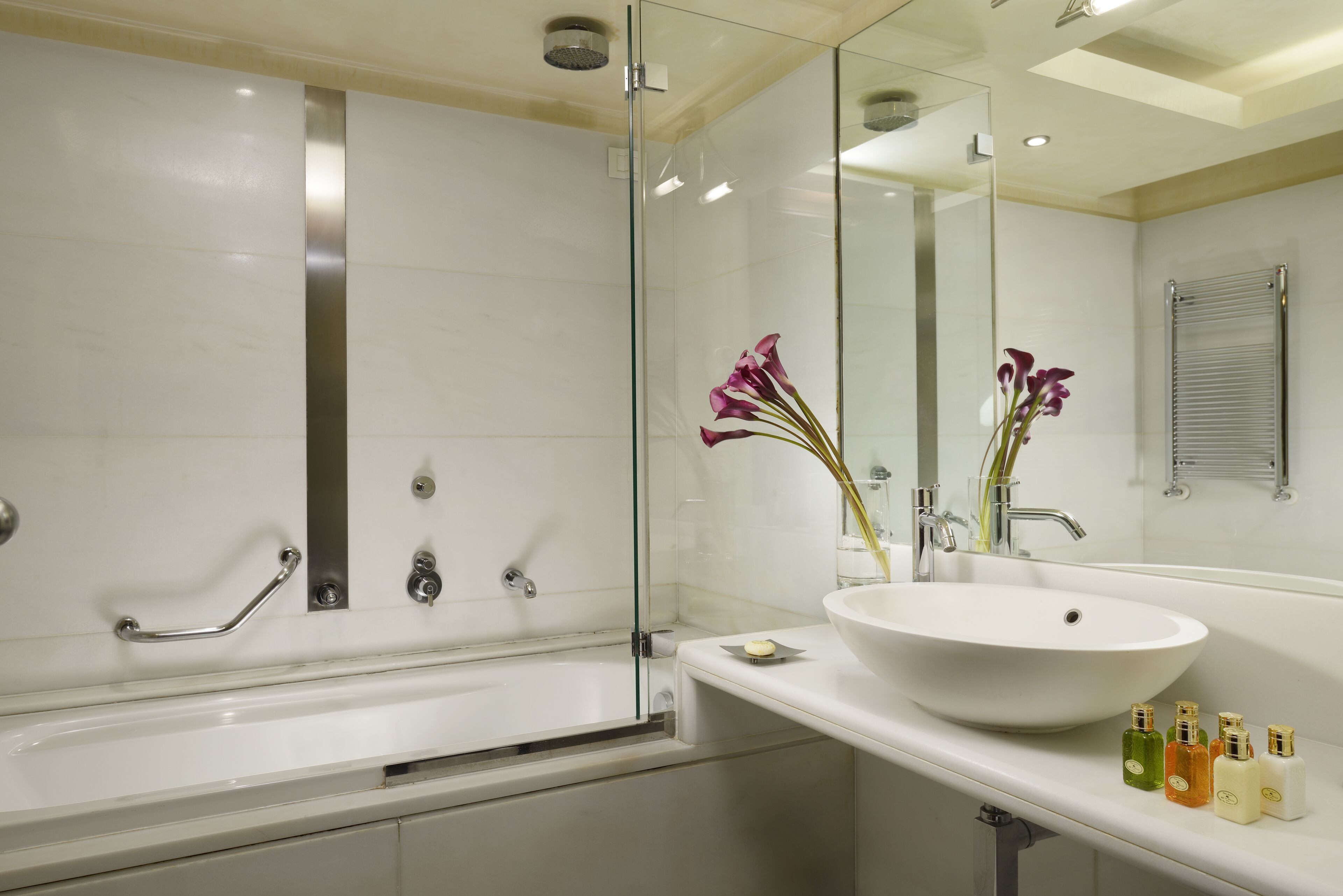 combined shower/bathtub, rainfall showerhead, hair dryer, bidet