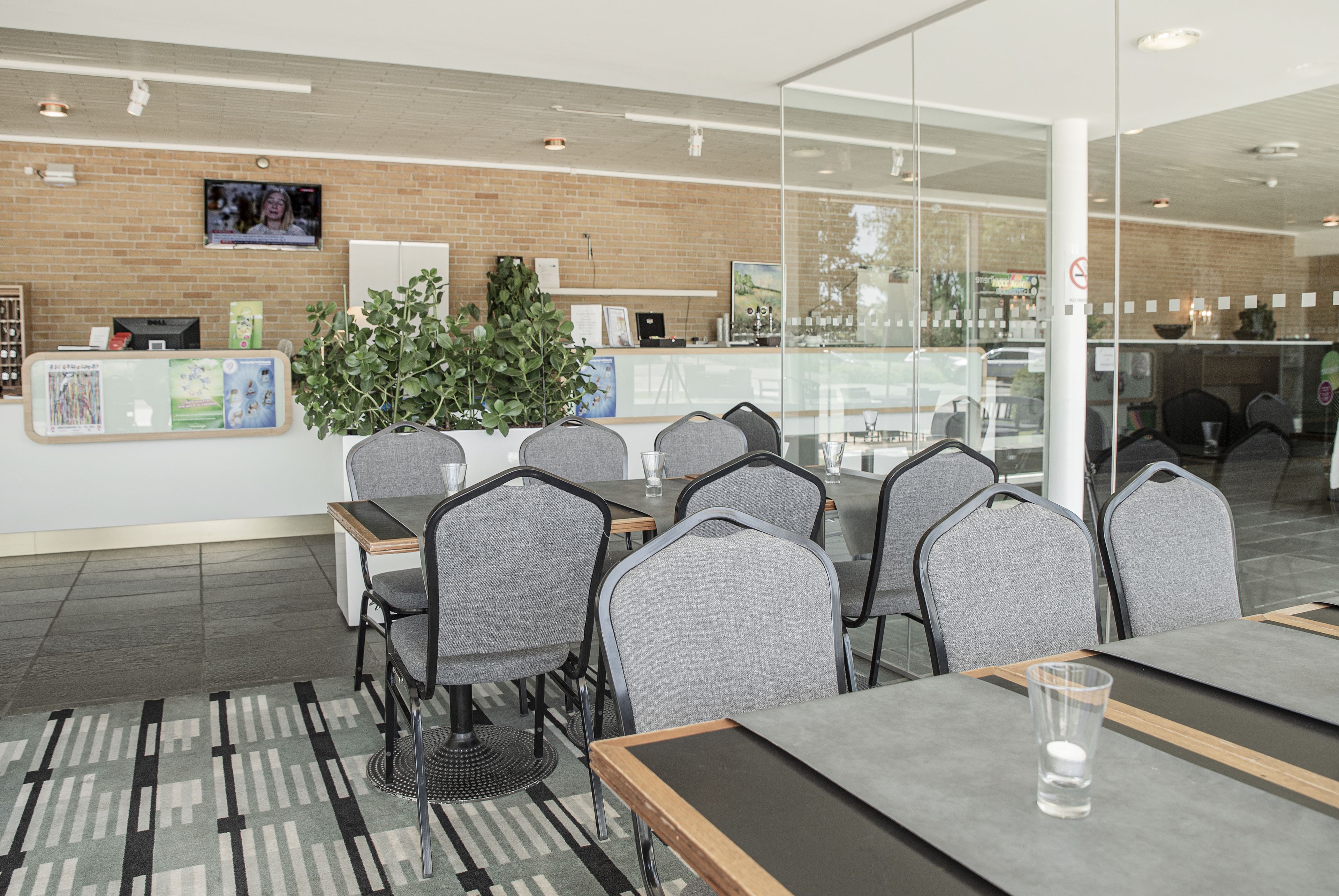 A modern office space with a reception area, meeting tables, and a large potted plant.