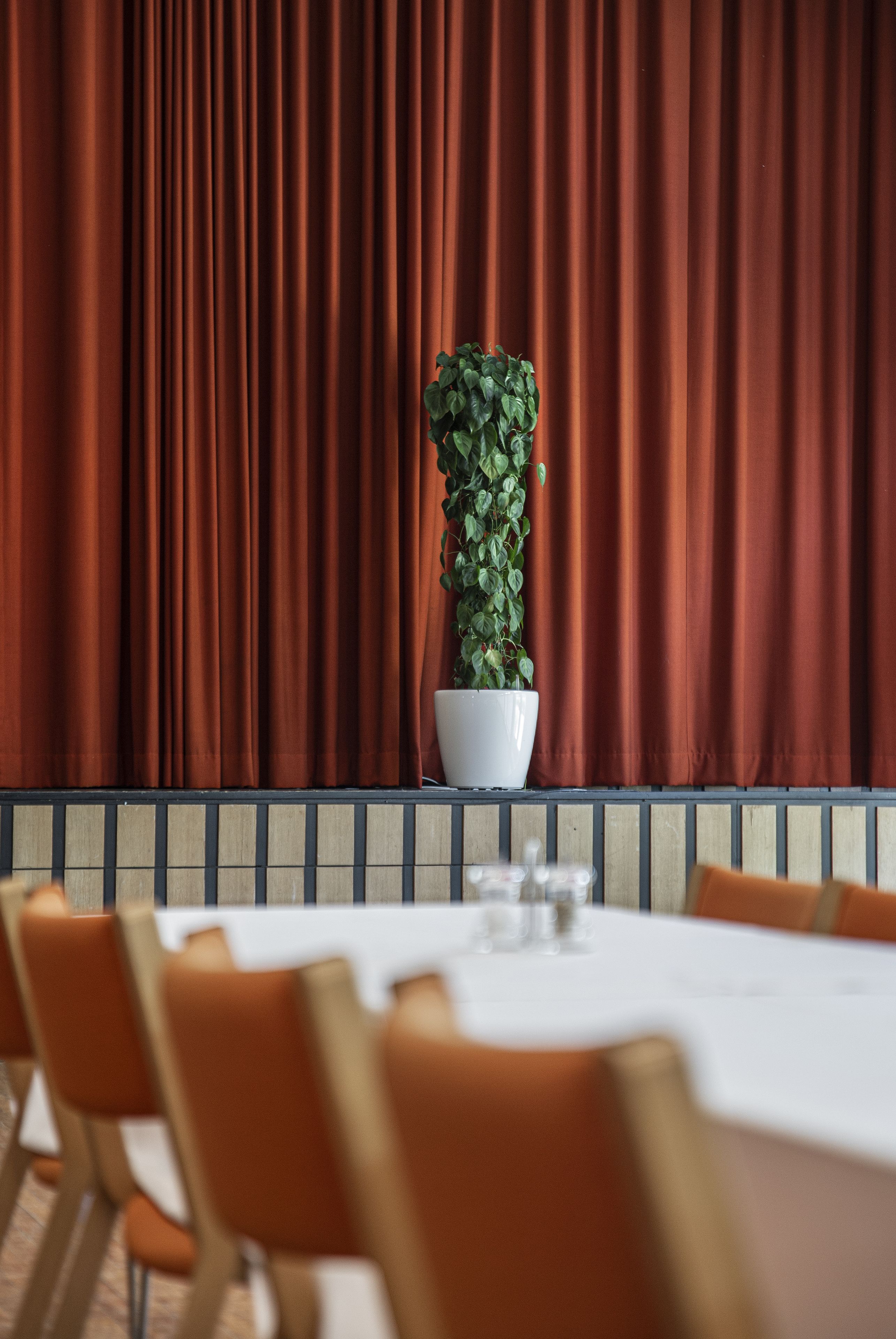 Un salón de conferencias con una mesa blanca, sillas marrones, una planta en maceta y un telón rojo de fondo.