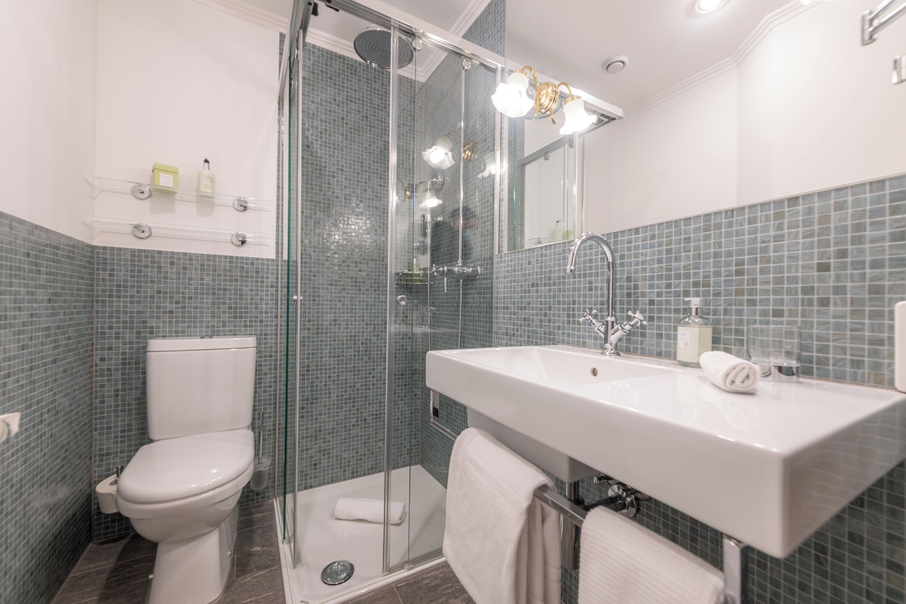A modern bathroom with a glass-enclosed shower, a white sink, and a toilet.