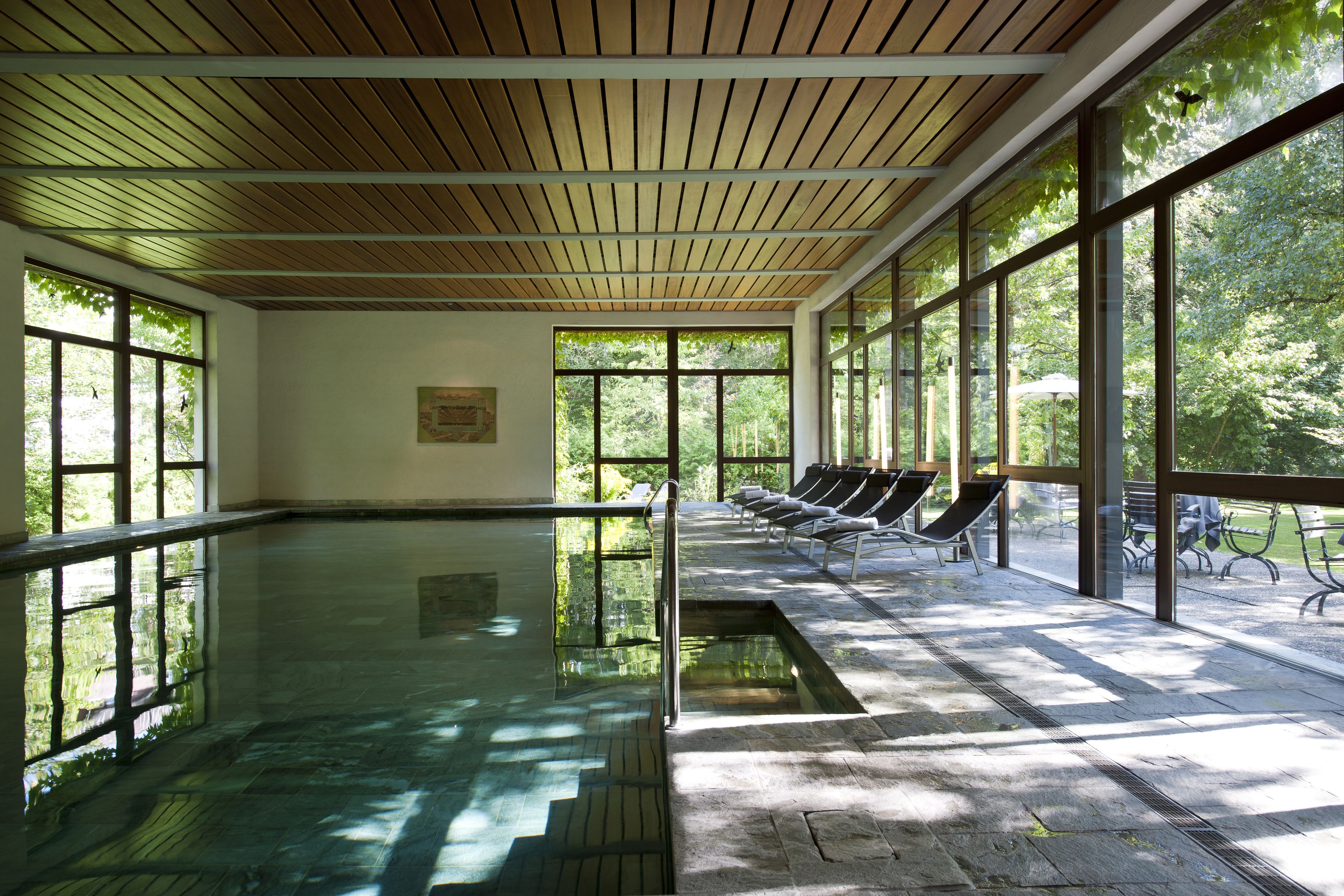indoor pool, pool loungers