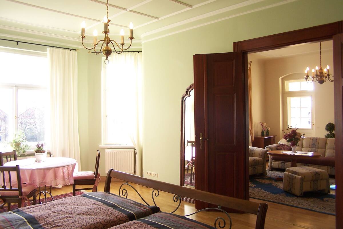 A room with a bed, a dining table with chairs, a chandelier, and a view of the outside.