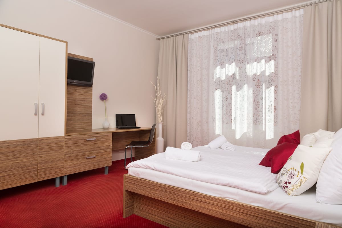 Un dormitorio con cama, escritorio, televisor y armario.