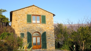 A stone house with green shutters, a wooden door, and a small garden.