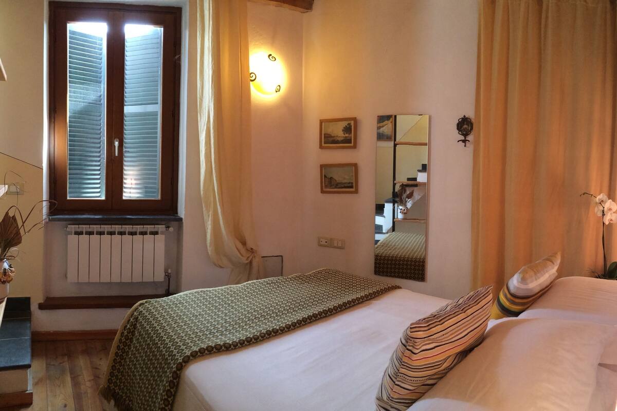 Une chambre d’hôtel avec un lit, une fenêtre avec des stores, un radiateur, un miroir, une lampe et une plante.