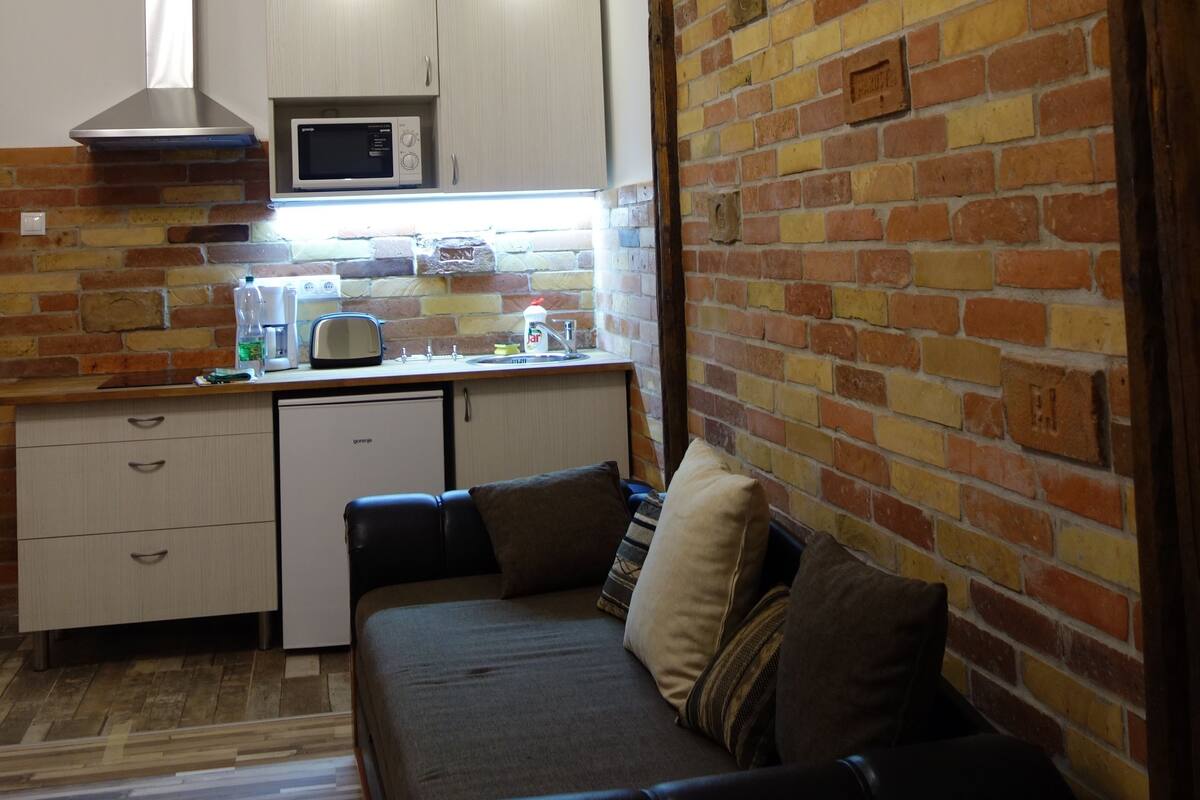 A compact kitchen with a microwave, toaster, and sink. A sofa with cushions is against a brick wall.