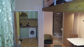 A compact kitchen with a washing machine, a dining area with a table and chairs, and a shower area.