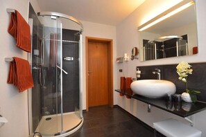 Shower, free toiletries, hair dryer, towels