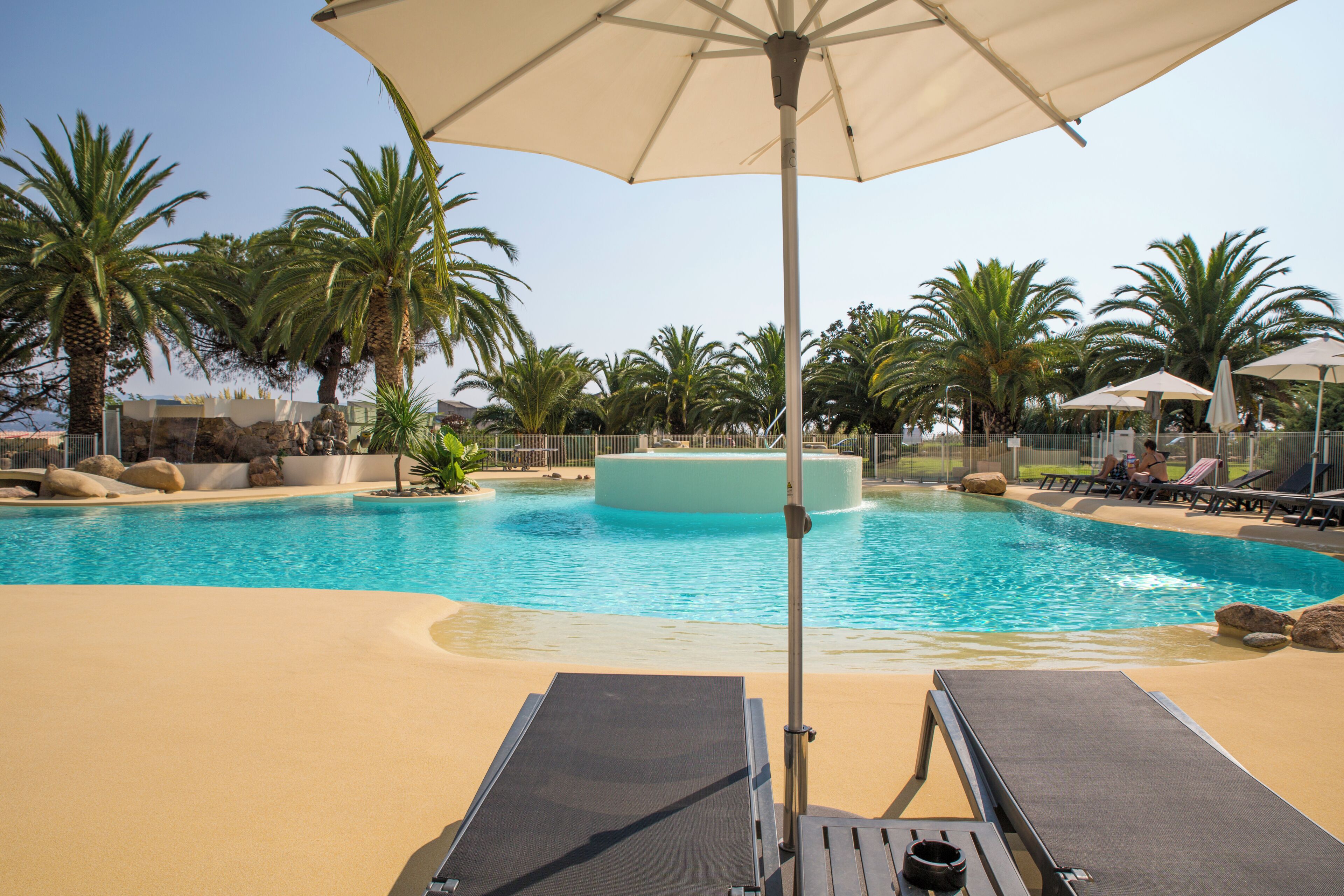 A pool area with lounge chairs and umbrellas, surrounded by palm trees.