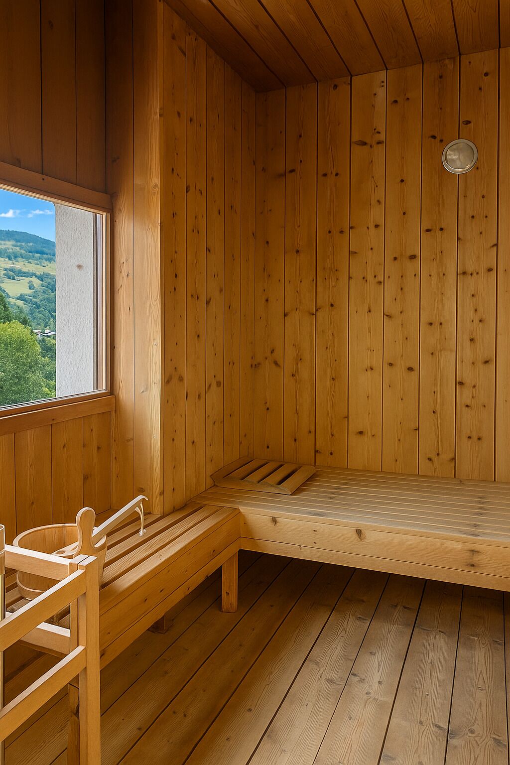 Un sauna de madera con un banco y una ventana con vistas a un paisaje verde.