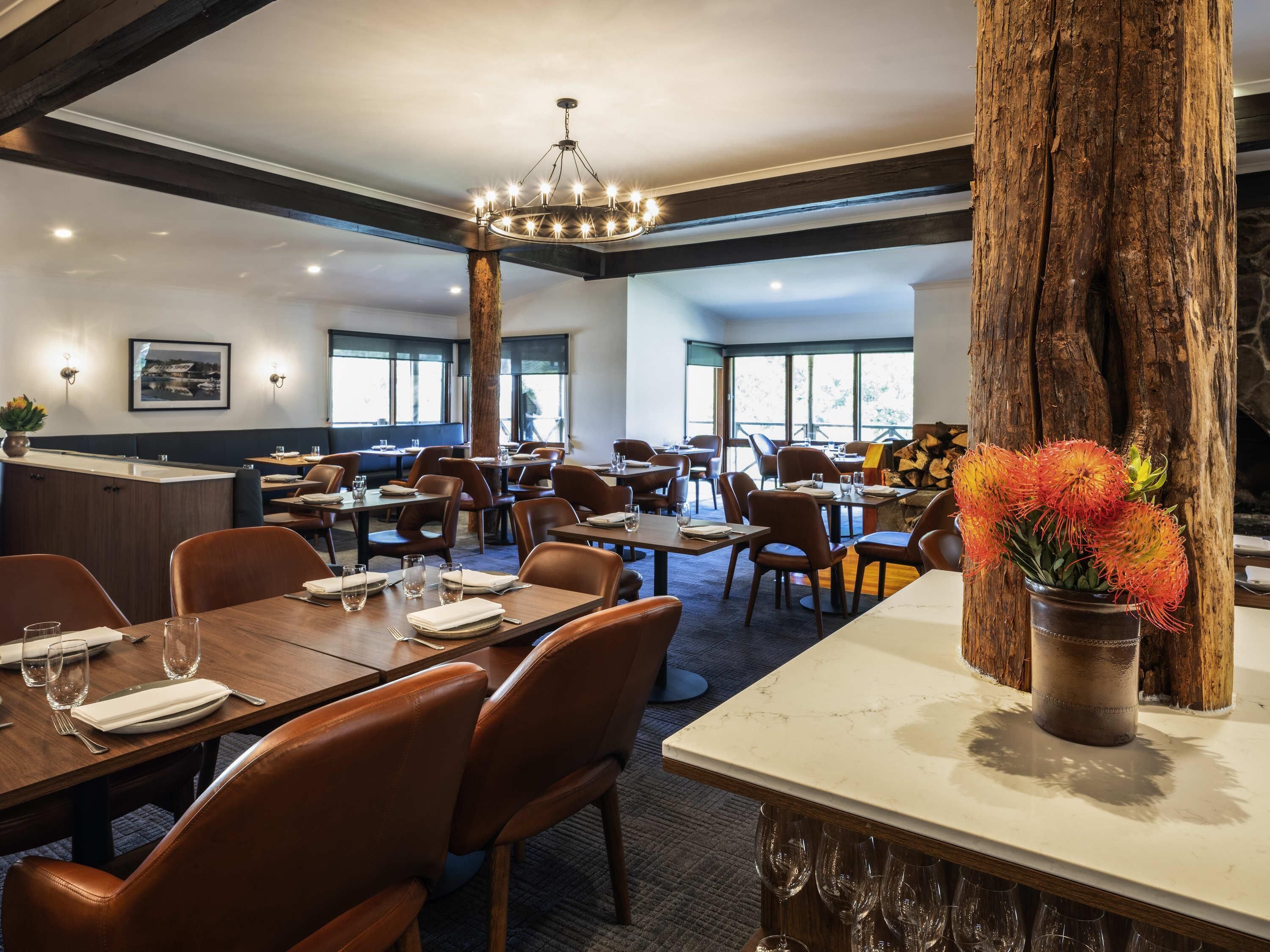 Un restaurant avec des tables et des chaises en bois, un lustre et un grand tronc d’arbre au centre.