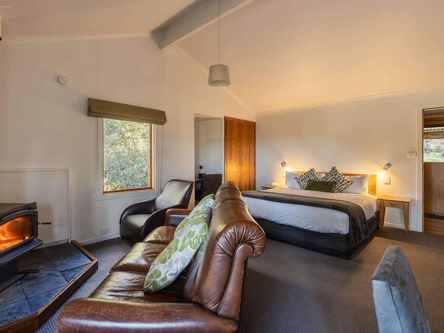 Una habitación acogedora con chimenea, cama, sofá y ventana con vistas al verdor.