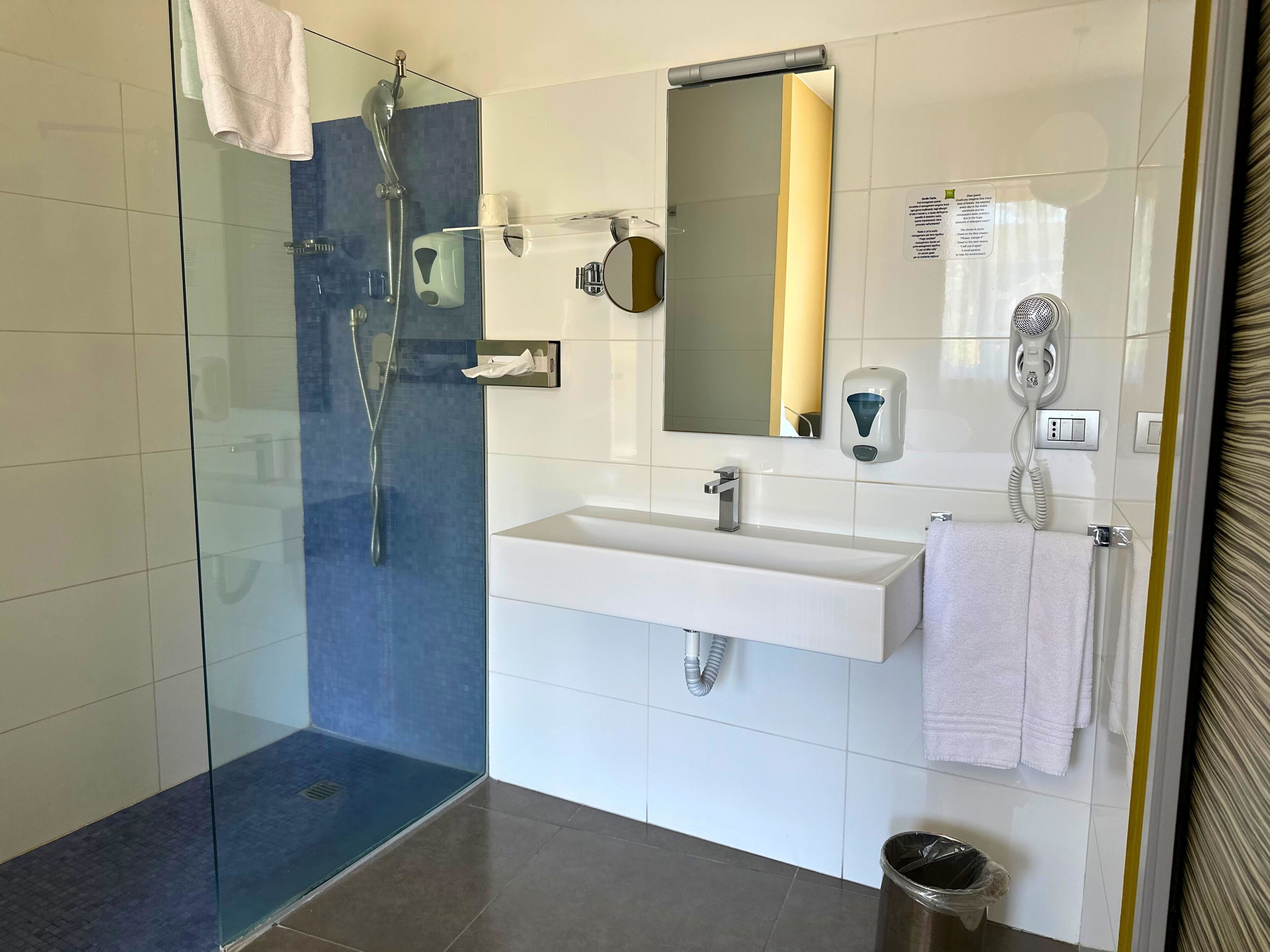 A modern bathroom with a glass shower enclosure, a white sink, a mirror, a towel rack, and a hairdryer.