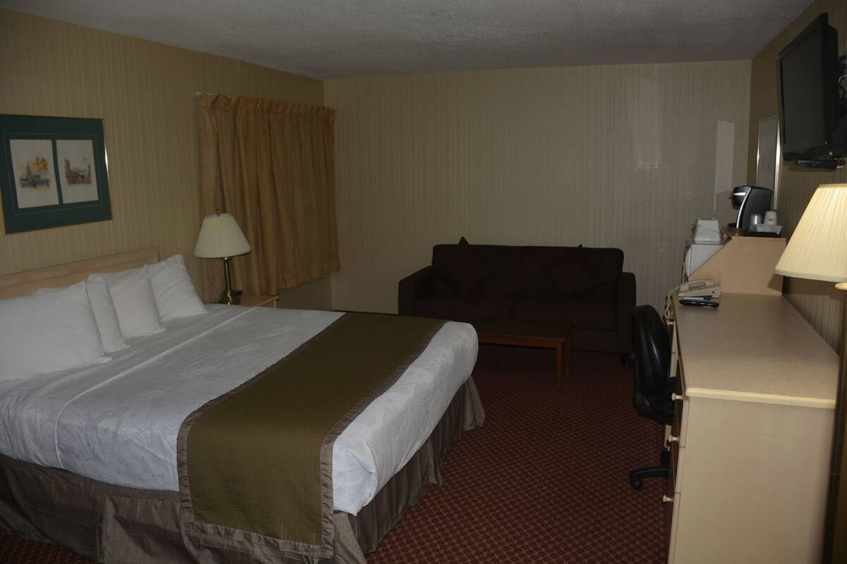 A hotel room with a large bed, a sofa, a desk with a lamp, a television, and a framed picture on the wall.