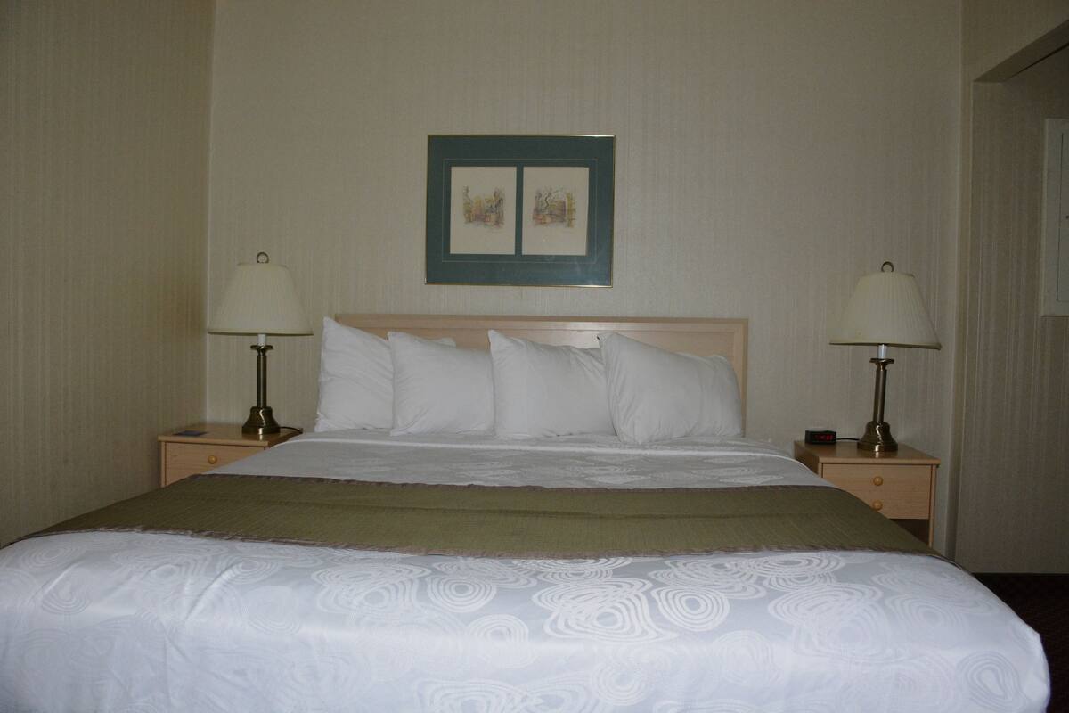 A neatly made bed with a green throw blanket, two bedside tables with lamps, and a framed picture on the wall.