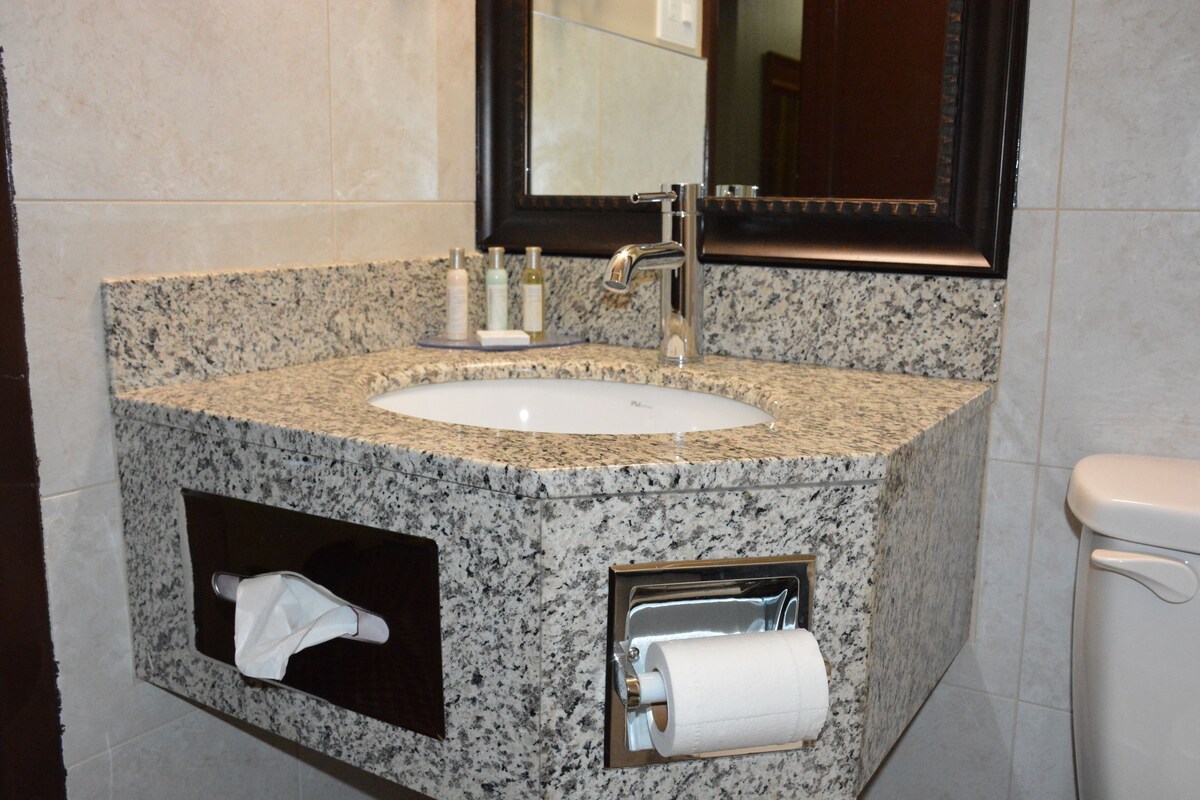 A bathroom with a granite countertop sink, a mirror, a towel rack, and a toilet.
