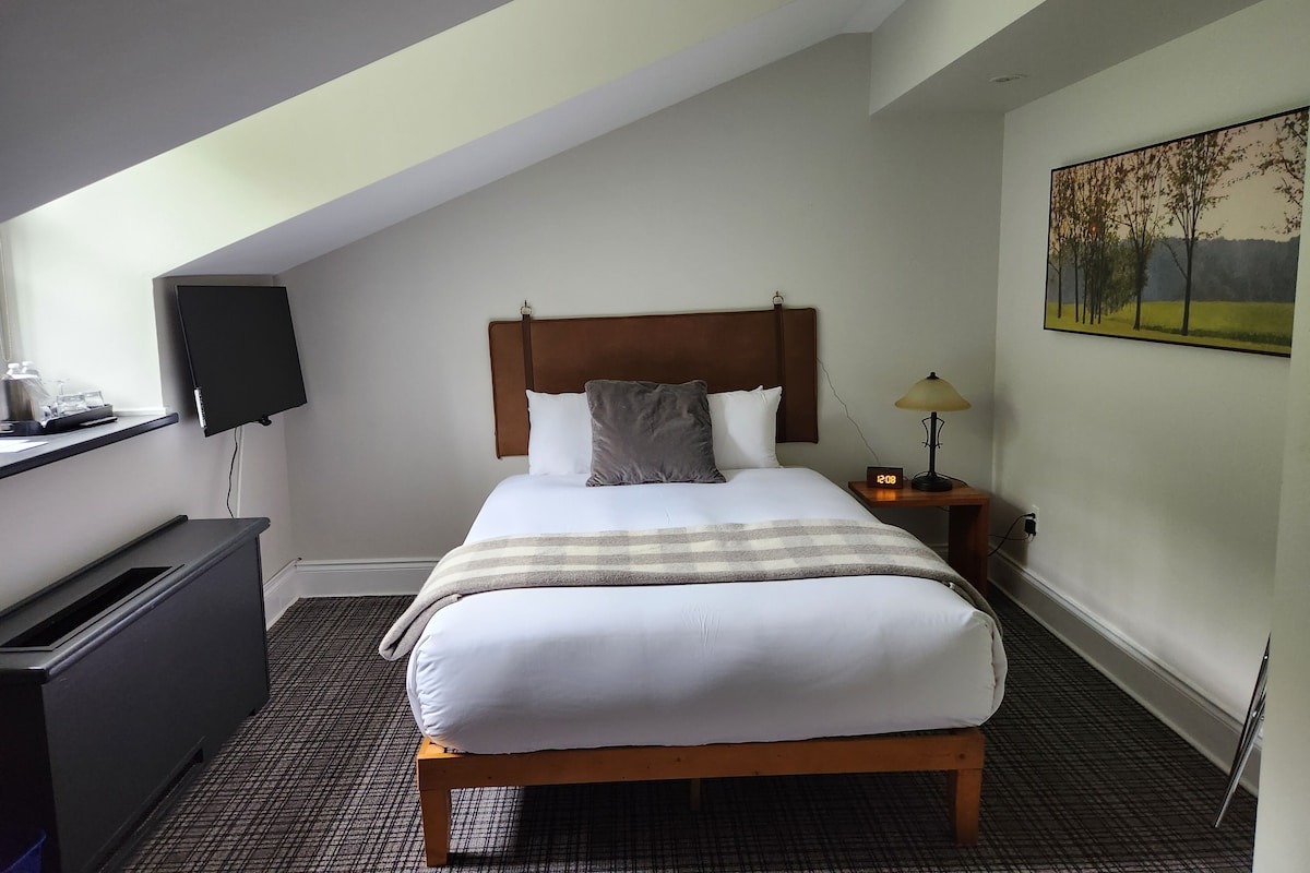 Habitación de hotel con cama, televisor montado en la pared, mesita de noche con lámpara, un cuadro en la pared y ventana con vista a árboles.
